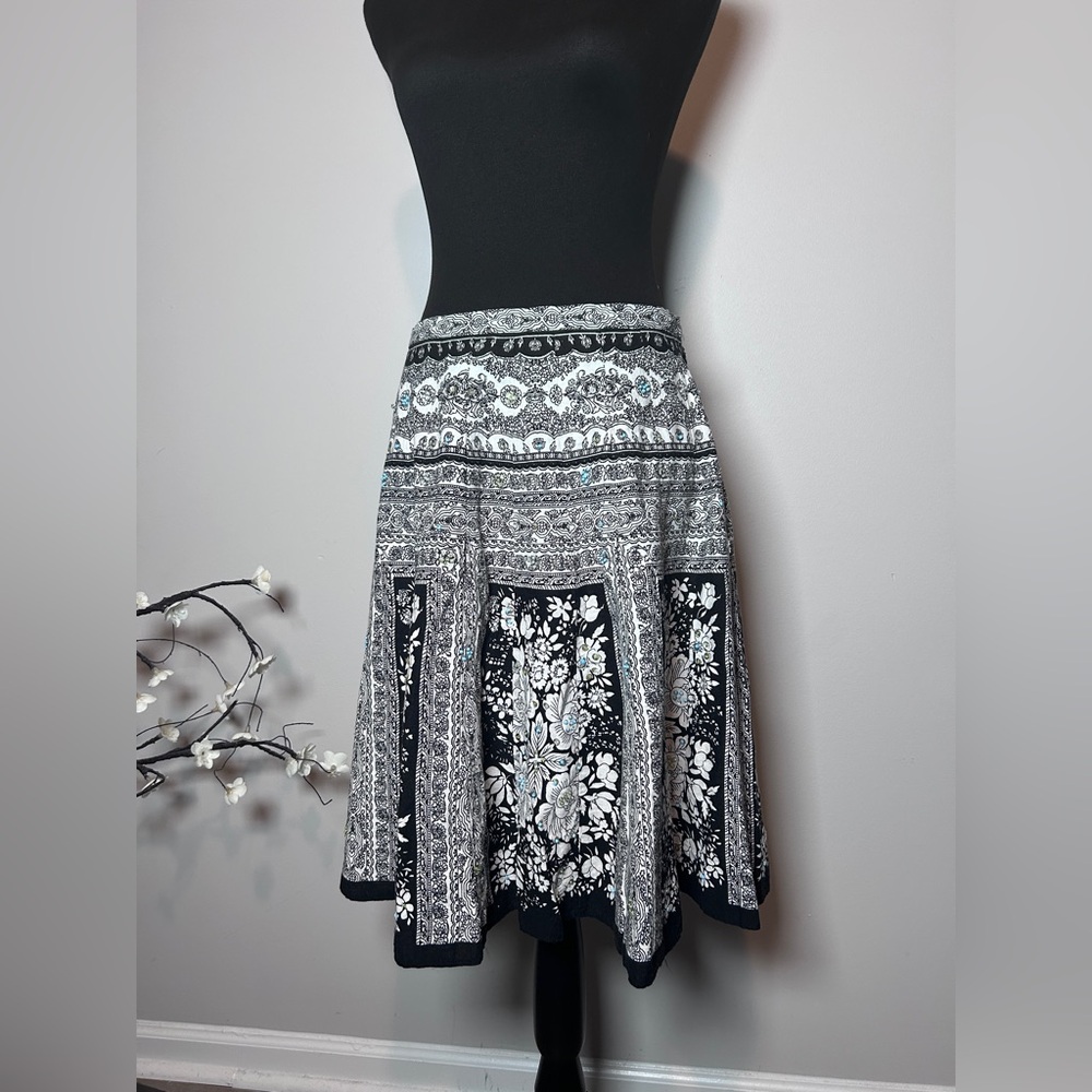ICE Black White Floral Beaded Skirt Boho Festival Western Skirt Size 8
